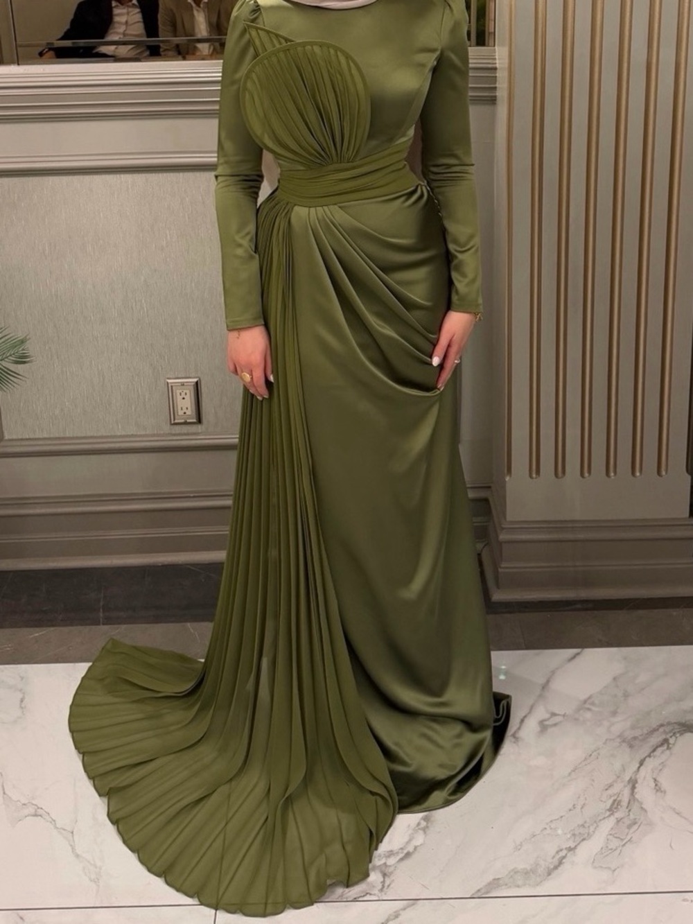 Elegant Olive Green Long Sleeve Draped Evening Gown